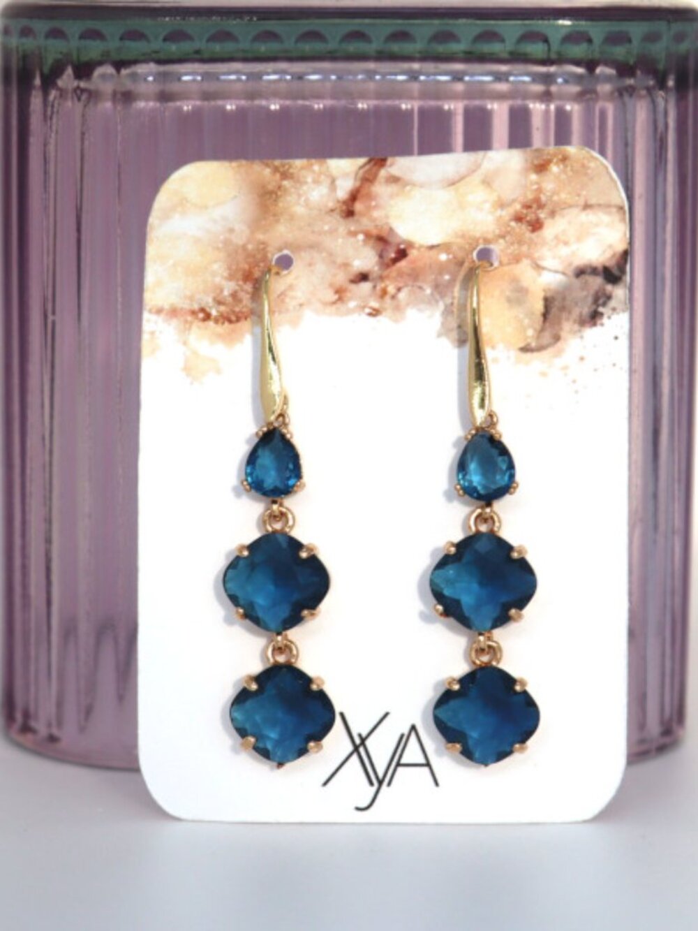 DEEP TEAL CRYSTAL TRIPLE DROP EARRINGS - GOLD TONE